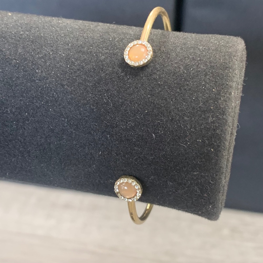 Gold Tone Peach Cabochon Crystal Halo Open Cuff Bypass Bracelet 6.5"